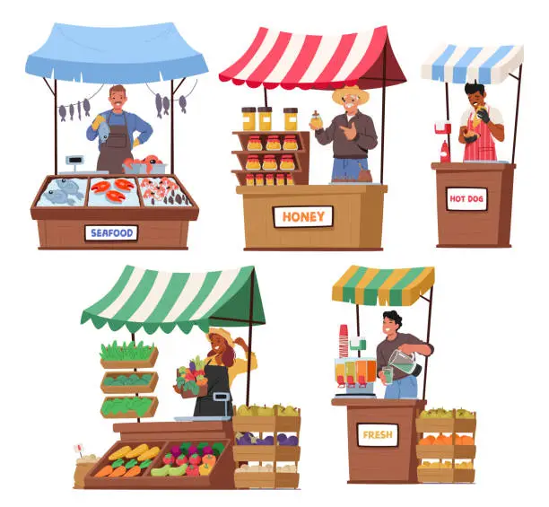Vector illustration of Farmers With Natural Farming Production, Fresh Fish and Seafood, Honey. Hot Dog, , Vegetables And Juice Set