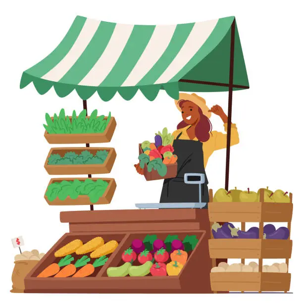 Vector illustration of Female Farmer Character Proudly Displays A Vibrant Array Of Fresh Vegetables And Greenery At Market Stall