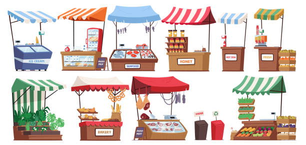 Colorful Market Stalls Adorned With Vibrant Canopies, Sheltering A Diverse Array Of Goods. Ice Cream, Fish and Meat Colorful Market Stalls Adorned With Vibrant Canopies, Sheltering A Diverse Array Of Goods. Ice Cream, Fish and Meat, Honey or Dairy Products Awaits, Inviting Shoppers. Cartoon Vector Illustration fish village stock illustrations