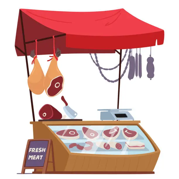 Vector illustration of Fresh Meat Stall Kiosk Adorned With Colorful Canopy, Showcasing A Diverse Selection Of Quality Cuts, Vector Illustration