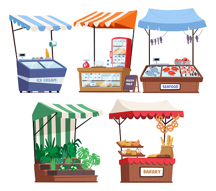 Inviting Farmers Stall, Adorned With A Vibrant Canopy, Showcases A Cornucopia Of Fresh, Locally-sourced Produce And Handmade Goods, like Ice Cream, Dairy, Seafood or Bread. Cartoon Vector Illustration