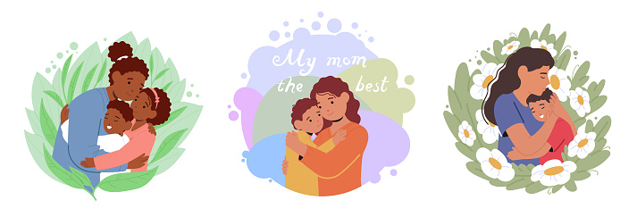 Heartwarming Portraits Capturing Tender Moment, Mothers Envelop their Children In Loving Embrace, Their Faces Glowing With Joy And Contentment, Surrounded By Warmth And Affection. Vector Illustration