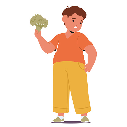 Melancholic, Overweight Boy Clutches Broccoli, His Downcast Eyes Reflecting Reluctance. Obese Child Character Struggles Between Health And Comfort on a Diet. Cartoon People Vector Illustration