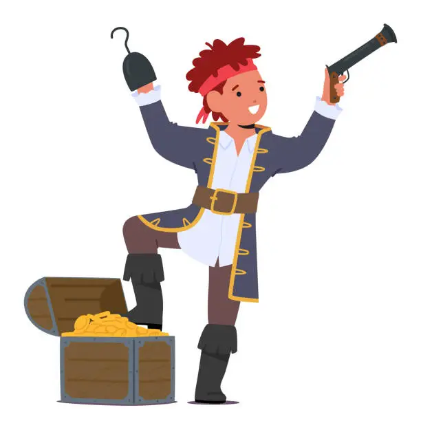Vector illustration of Kid Pirate Character, Pint-sized Marauder, Sports A Hooked Hand, with A Treasure Chest, Brandishes Mini Flintlock Pistol