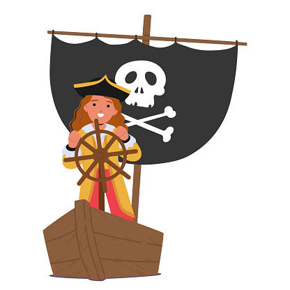 Kid Pirate Character Stands Defiantly At The Ship Helm, Eyes Ablaze With Adventure, Steering Towards Unknown Seas With Dreams Of Treasure And Glory In The Heart. Cartoon People Vector Illustration