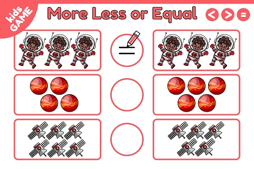 More, less or equal. Space math game for education children school. Count, compare and write down correct sign. Worksheet for kids. Cartoon african boy astronauts, planets Mars and satellites. Vector.