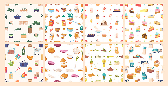 Seamless Pattern Featuring Delightful Matcha Meals, Peanut Products and Desserts, Micro Greens, Vegetable, Dairy and Milk Foods, Pastry, Sweets and Bakery. Cartoon Vector Tile Backgrounds Set