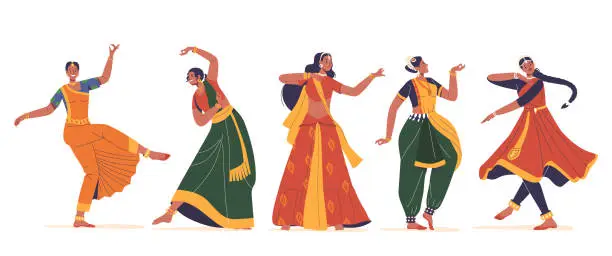 Vector illustration of Indian Women Dance in A Captivating Fusion Of Grace, Embodying Rich Cultural Narratives Through Intricate Movements