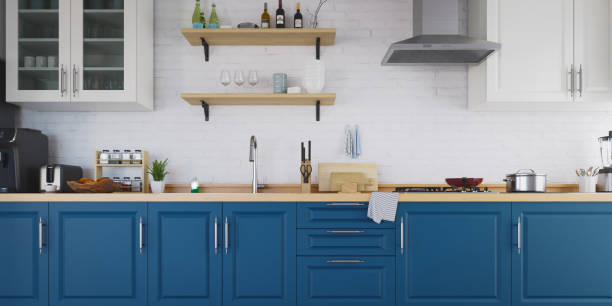 istock Minimal modern kitchen design in white and dark blue.3d rendering 2038891469