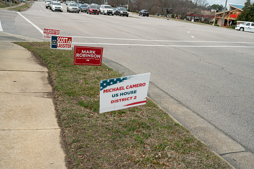 Cary, North Carolina, United States - 24 Feb 2024: Political signs on the side of the road in Cary, NC.