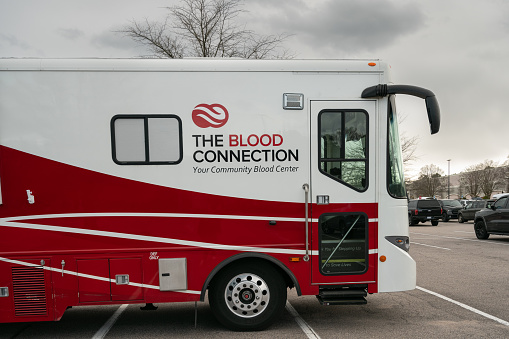 Cary, North Carolina, United States - 24 Feb 2024: The Blood Connection Bus in Cary, NC.