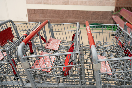 Cary, North Carolina, United States - 24 Feb 2024: Shopping carts at BJ's membership club in Cary, NC.