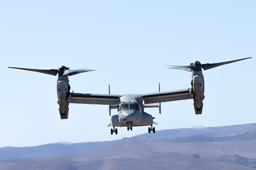 Yuma,Arizona,USA- February 28, 2015. MV-22 Osprey, Marine helicopter, flying over runway during 2015 Yuma Air Show. The 2015 Yuma Air Show,free to the public, features US Marine aircraft and civilian acrobatic flying.