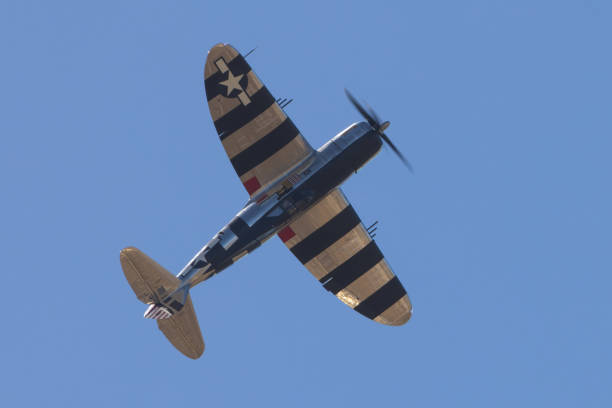 widok z góry na p-47g thunderbolt (amerykański samolot myśliwski z czasów ii wojny światowej) i jego "pasy inwazyjne" - p 47 thunderbolt zdjęcia i obrazy z banku zdjęć