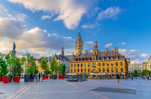 Lille cityscape, La Grand Place square in city center, Vieille Bourse Old Stock Exchange, trees in pots and belfry bell tower of Chamber of Commerce background, Nord department, Northern France