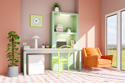 Domestic room with pastel colored furniture. 3D generated image.