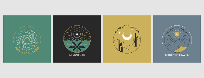 Set of vector linear boho logo design. Travel icons or emblems with cactus, sea, palm, desert landscape, mountain, sun and moon. Bohemian frames, borders or arch line with symbols in minimal style.