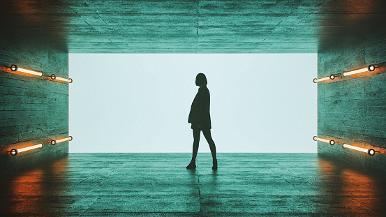 Woman standing in underground corridor. 3D generated image.