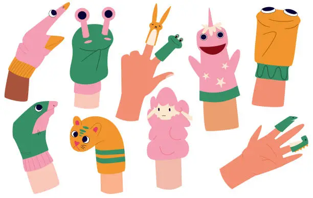 Vector illustration of Set of hand animal puppets on white background. Hand made funny childish puppets and toys.