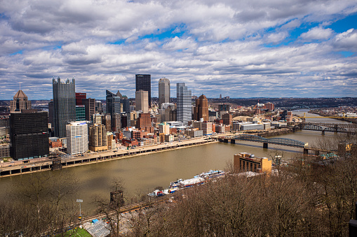 From Mount Washington, the Monongahela River frames the downtown Pittsburgh, PA skyline on a beautiful spring day.