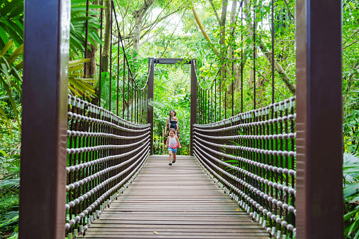A multiracial three year old girl walks with her mother and one year old brother across a suspension bridge while on a family vacation in Singapore.