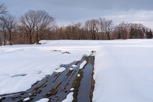 Scenery of a field where the snow has begun to melt