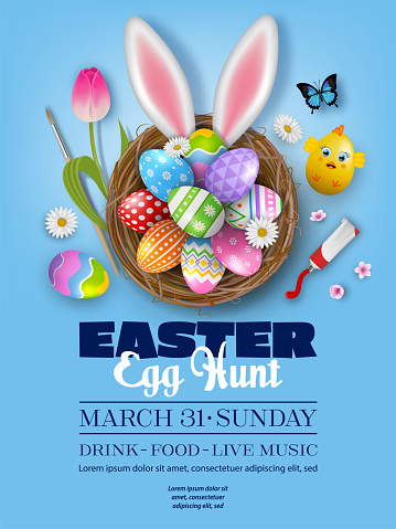 easter egg hunt poster with colorful eggs in a nest and rabbit ears vector