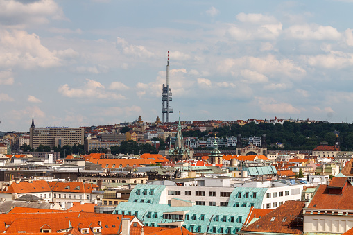 Zizkov Tv Tower and the historical buildings of Prague Czech Republic