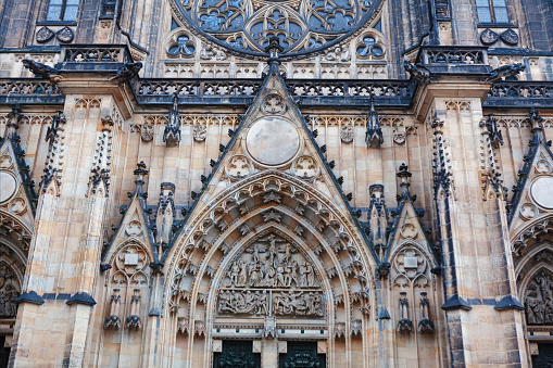 Portal of Saint Vitus Cathedral in Prague Czechia. Gothic cathedral architecture with sculptures