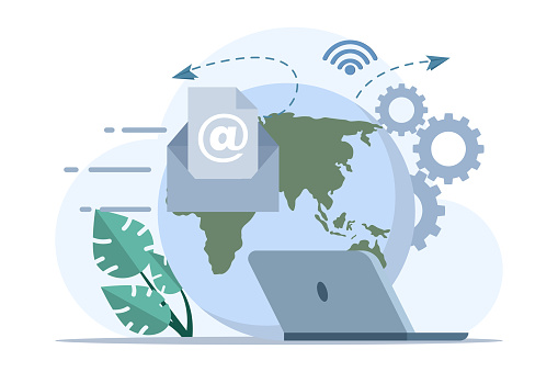 Global communication network Connection Concept. computer world map point delivered for global business. expand business networks globally and widely. Flat Vector Illustration on white background.