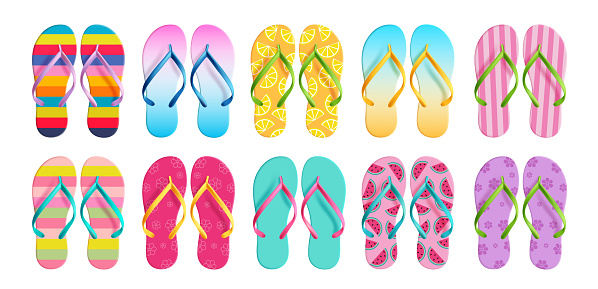 Summer flipflop elements vector set design. Summer thong, slippers, sandal and flip flops with colorful, floral and stripe design for travel fashion foot ware collection. Vector illustration summer flipflop element collection.