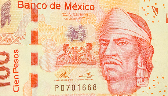 Variety of Mexican banknotes featuring faces and intricate designs of the currency from Mexico.