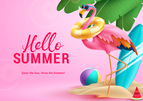 Hello summer greeting vector design. Summer hello greeting text with pink cute flamingo wearing sunglasses and floaters beach elements for tropical travel background. Vector illustration summer greeting design.