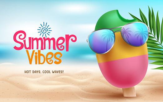 Summer vibes text vector design. Summer vibes greeting with colorful popsicle and ice cream in hot sunny tropical beach background. Vector illustration summertime greeting design.