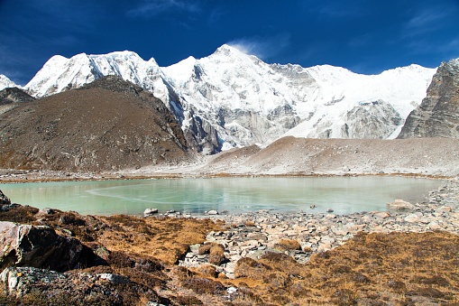 Beautiful panoramic view of Mount Cho Oyu and lake in Cho Oyu base camp, Sagarmatha national park, Gokyo valley, Khumbu valley, Nepal Himalayas mountains