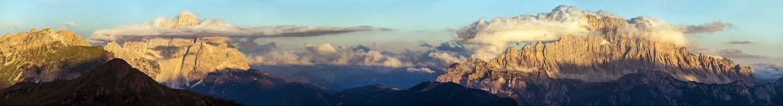 Evening sunset panoramic view of monte Pelmo and mount Civetta, South Tyrol, Alps Dolomites mountains, Italy