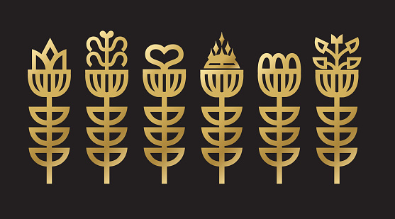 Golden shiny assorted abstract isolated thick line art deco vertical blooming flowers with leaves icons set on black background