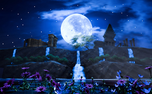 Waterfall cliff. Full moon night. Blue tone. Forest nature. Mountains and waterfalls. Glowing at night. Fantasy style. 3D Rendering.