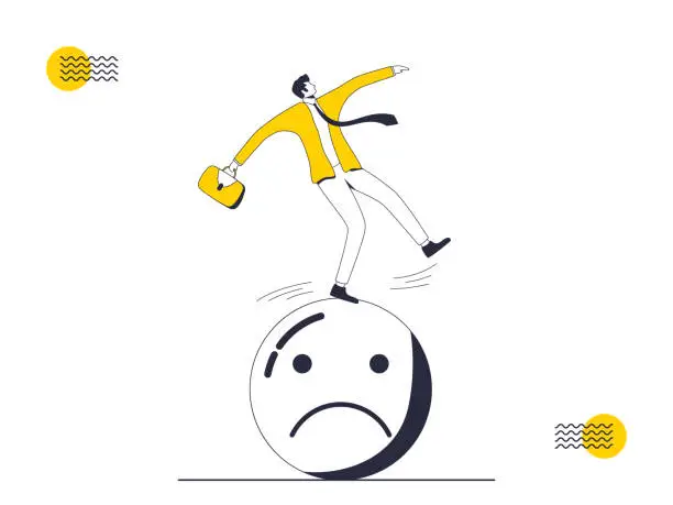 Vector illustration of Businessman fall on a sad emoticon. Vector illustration in flat style