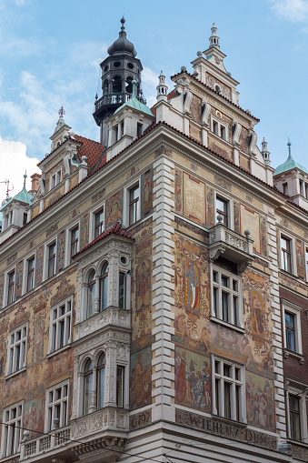 Detail of the top facade of the Wiehl House (Wiehluv dum) at Wenceslas Square - Prague, Czech Republic