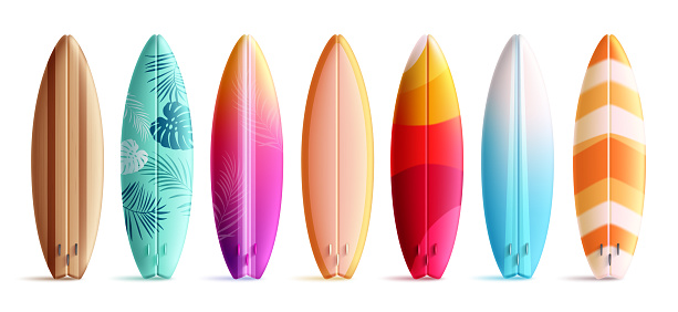 Summer surfboard elements vector set design. Summer surfboard 3d realistic element colorful collection for water sport activity isolated in white background. Vector illustration summer beach surfing collection.