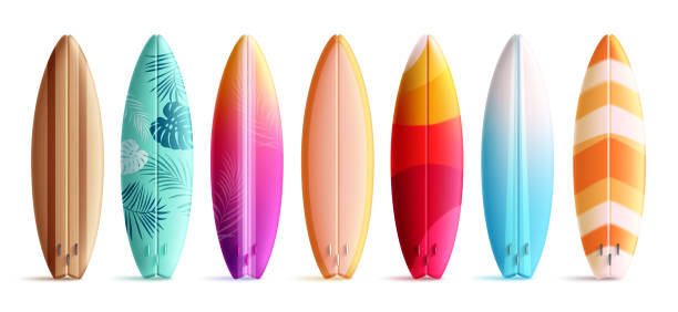 Summer surfboard elements vector set design. Summer surfboard 3d realistic element colorful collection for water sport activity Summer surfboard elements vector set design. Summer surfboard 3d realistic element colorful collection for water sport activity isolated in white background. Vector illustration summer beach surfing collection. surf boards stock illustrations