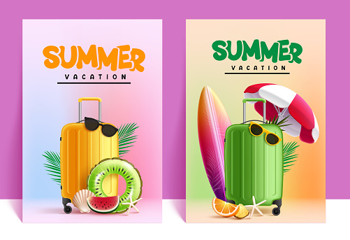 Summer vacation vector poster set. Summer vacation text with bag luggage, floater, sunglasses and surfboard travel elements for seasonal postcard collection. Vector illustration summer travel poster.