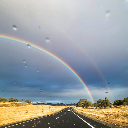 Double rainbow from a California road after the rain.