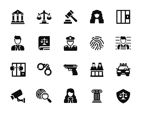 Law and justice icon set isolated on white background