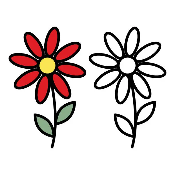 Vector illustration of Abstract colorful and outline drawn flower. Design elements for springtime greeting or coloring book
