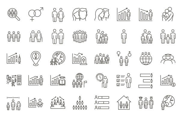 stockillustraties, clipart, cartoons en iconen met comprehensive demographic and social trends icon set: 40 thin line vector icons for population analysis, mortality, longevity, education, employment, gender diversity, family dynamics, and migration. editable strokes. - mensen