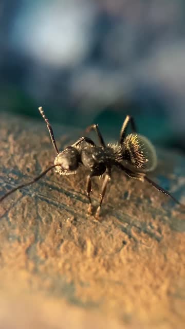 Close-up macro video of ant looking for food