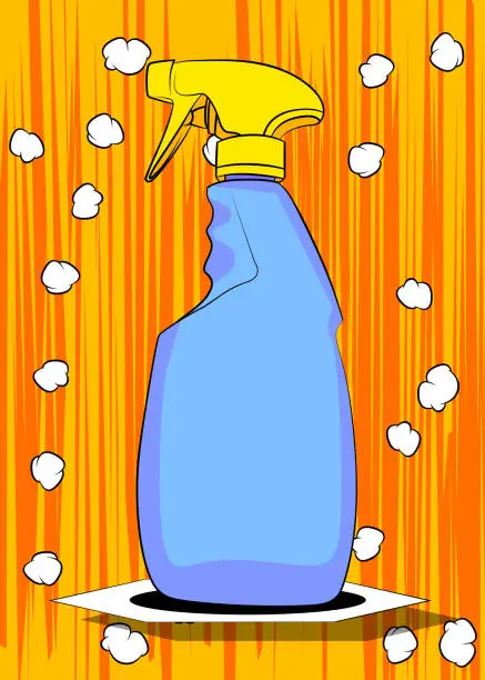 Vector illustration of Cartoon Cleaning Product, comic book Spray Bottle. Retro vector comics pop art design.