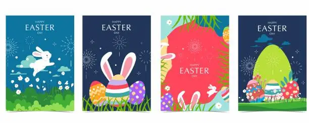 Vector illustration of Collection of easter background set with rabbit and egg in garden Editable vector illustration for A4 vertical postcard